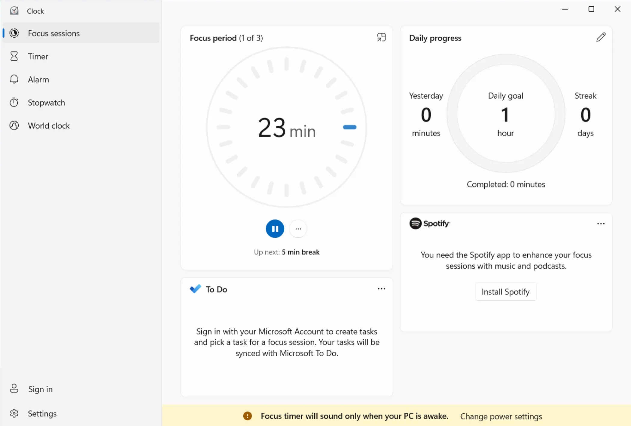 Màn hình &quot;Focus sessions&quot; của ứng dụng Đồng hồ trên Windows 11