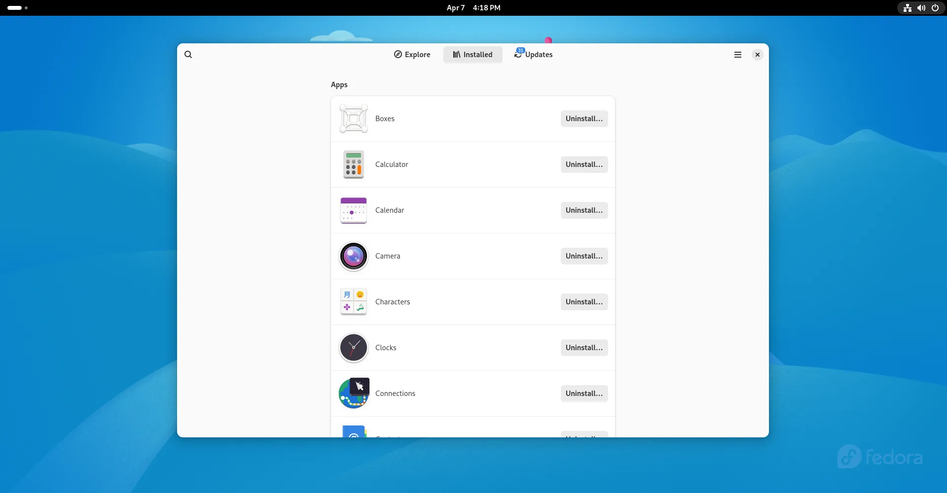 Màn hình GNOME Software hiển thị tất cả các phần mềm đã cài đặt trên Fedora