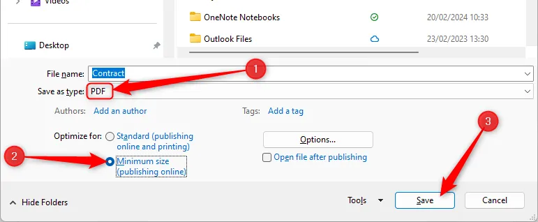 Màn hình hộp thoại "Save As" trong Microsoft Word hiển thị tùy chọn lưu dưới định dạng PDF với lựa chọn "Minimum size" được đánh dấu để tối ưu dung lượng.