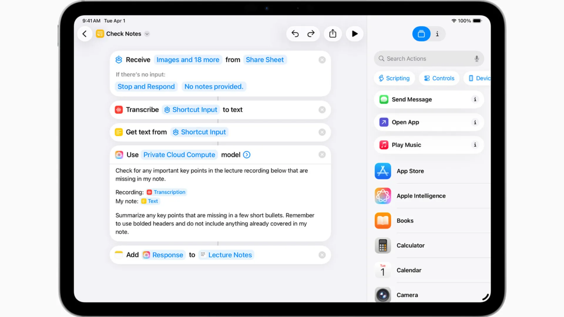 Màn hình iPadOS 26 hiển thị tính năng Phím tắt với các tùy chọn mới được hỗ trợ bởi AI
