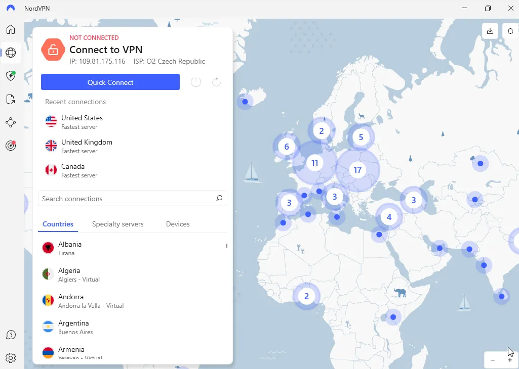 Màn hình kết nối VPN của NordVPN với bản đồ tương tác và danh sách máy chủ