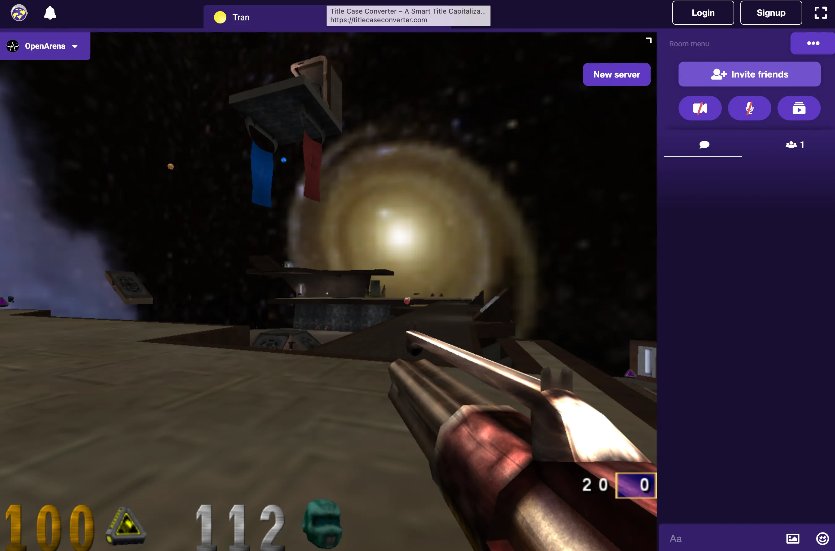 Màn hình khởi đầu trận đấu trong game bắn súng OpenArena Live trên trình duyệt
