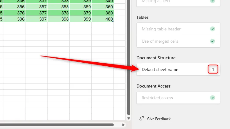 Màn hình kiểm tra khả năng tiếp cận của Excel, hiển thị lỗi tên trang tính mặc định cần được đổi để tăng tính rõ ràng.