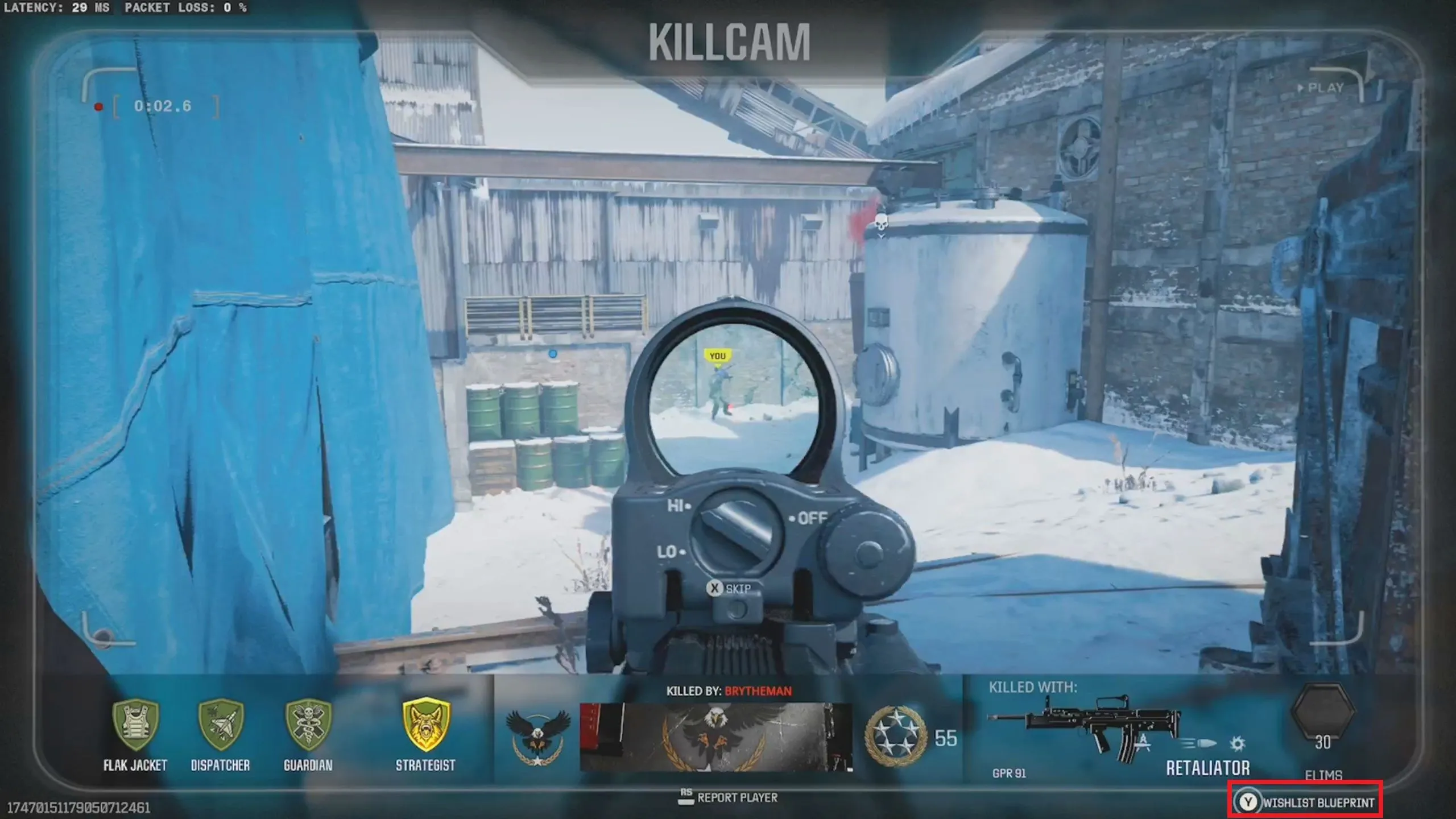 Màn hình Killcam trong Call of Duty Black Ops 6 hiển thị tùy chọn "Wishlist Blueprint" cho skin vũ khí của kẻ địch.