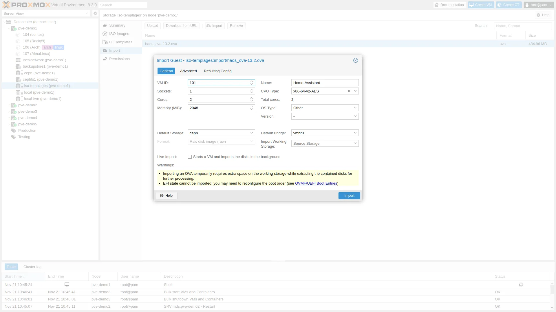 Màn hình quản lý web của ProxMox Virtual Environment phiên bản 8.3