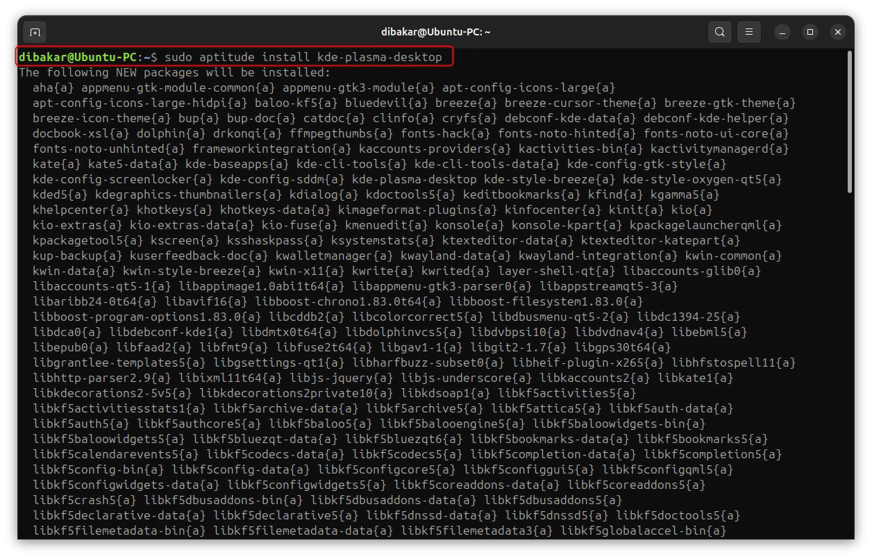Màn hình terminal Ubuntu hiển thị quá trình cài đặt môi trường desktop KDE Plasma bằng lệnh aptitude.