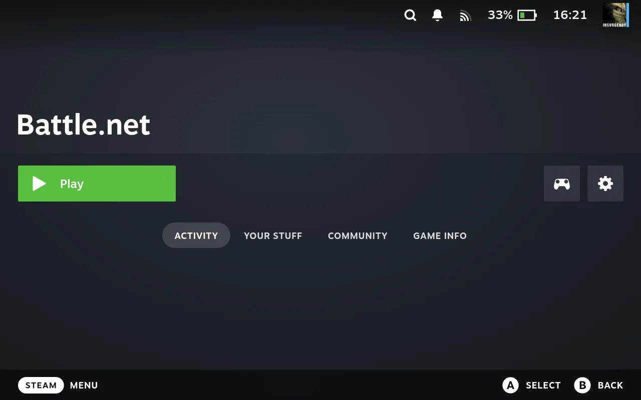 Màn hình thư viện Steam Deck hiển thị Battle.net dưới danh mục game ngoài Steam.