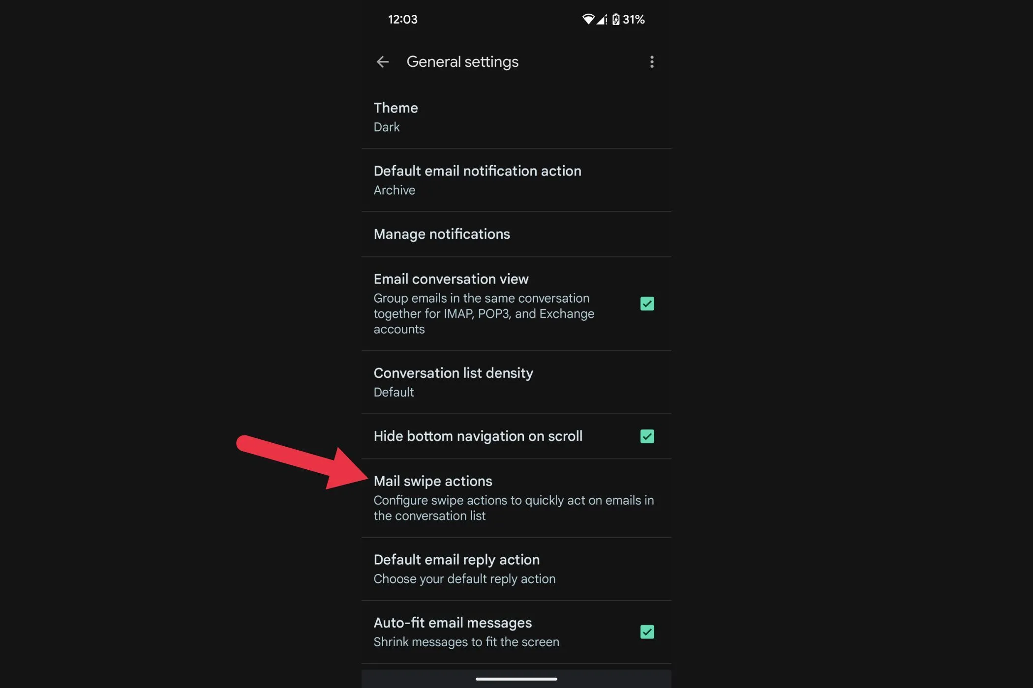 Màn hình tùy chỉnh thao tác vuốt email trong cài đặt Gmail trên Android