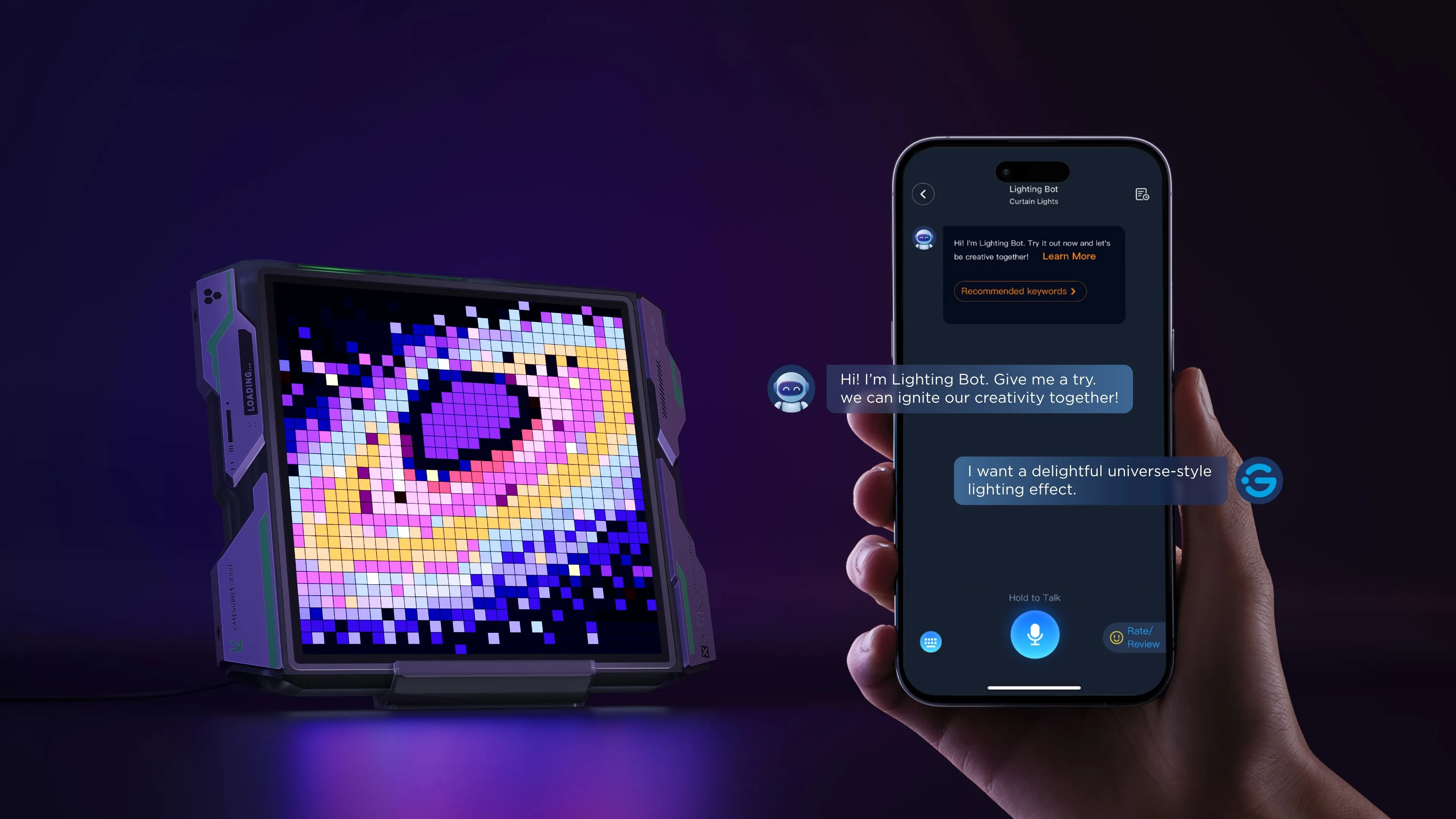 Màn hình ứng dụng di động Govee hiển thị các tùy chọn tùy chỉnh và điều khiển Gaming Pixel Light, bao gồm các chế độ ánh sáng AI và đồng bộ hóa