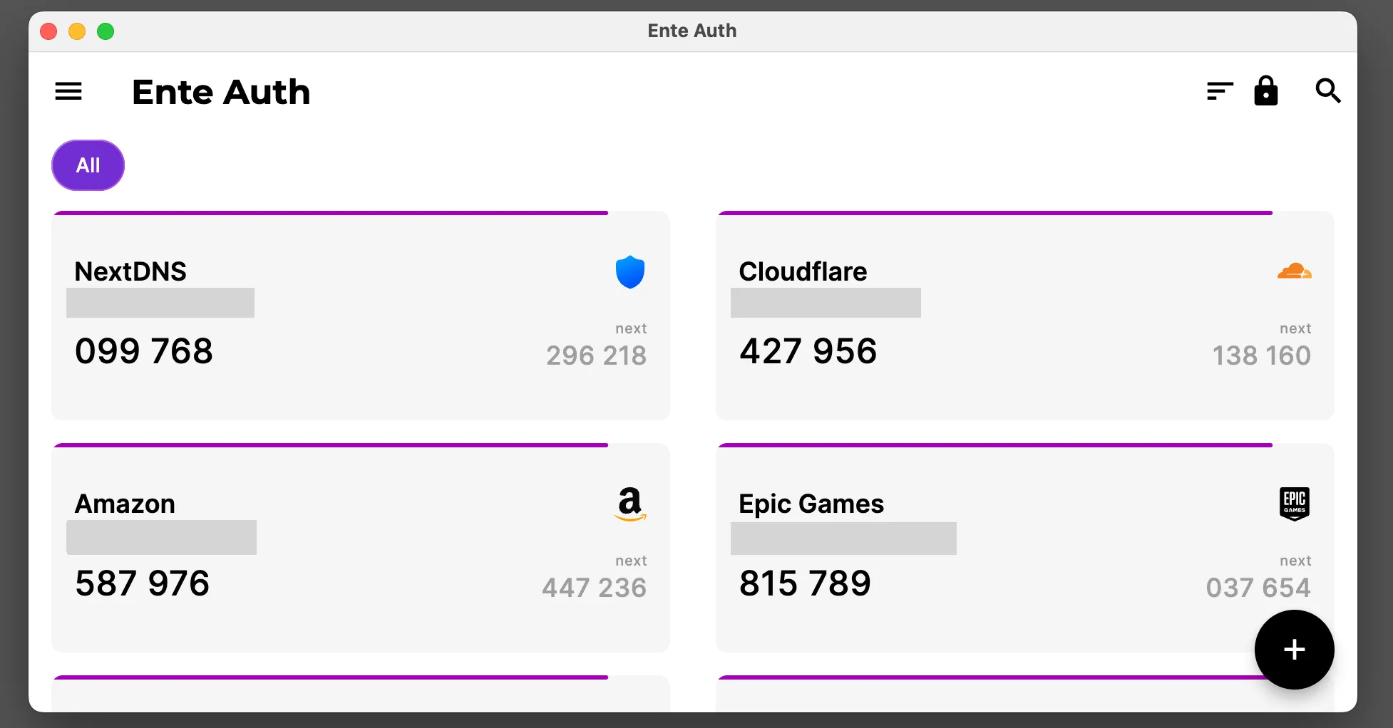 Màn hình ứng dụng xác thực hai yếu tố Ente Auth trên macOS, hiển thị danh sách các mã OTP đang hoạt động.