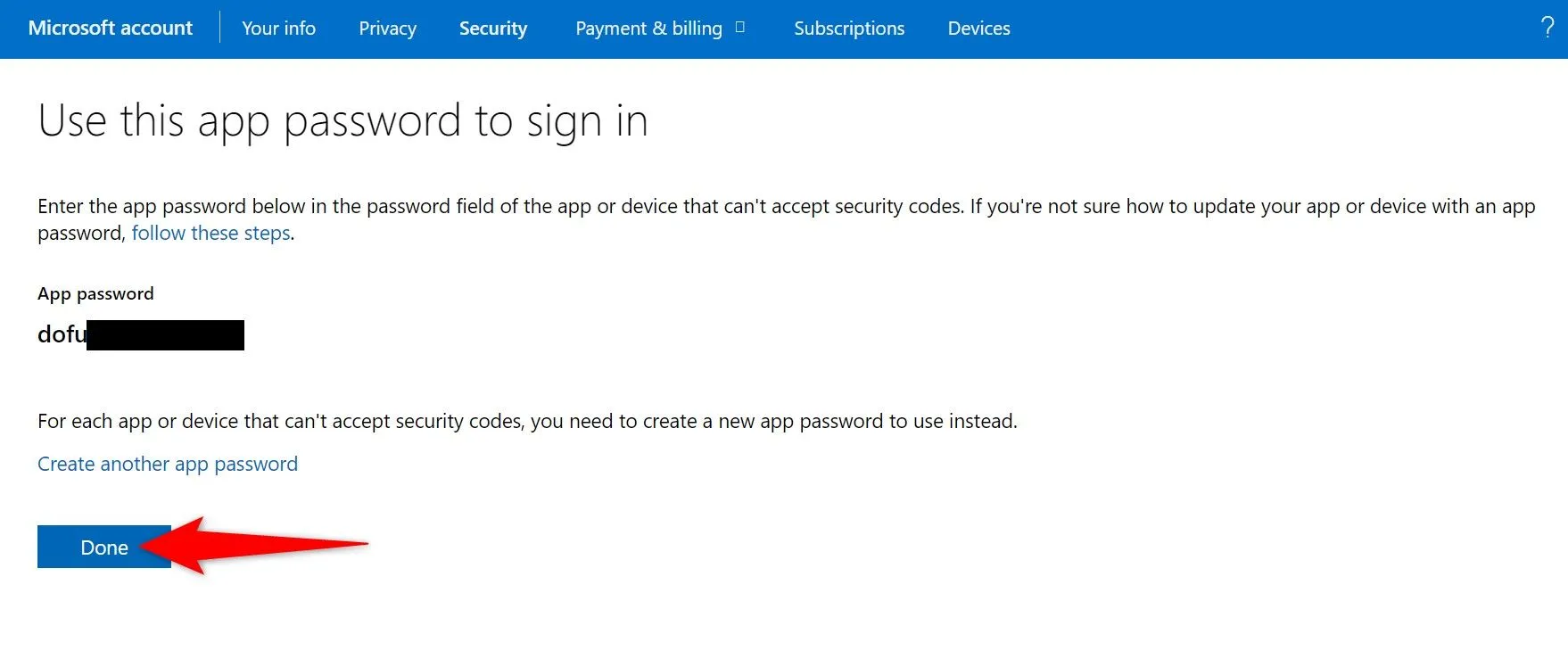 Mật khẩu ứng dụng được tạo cho tài khoản Microsoft của bạn