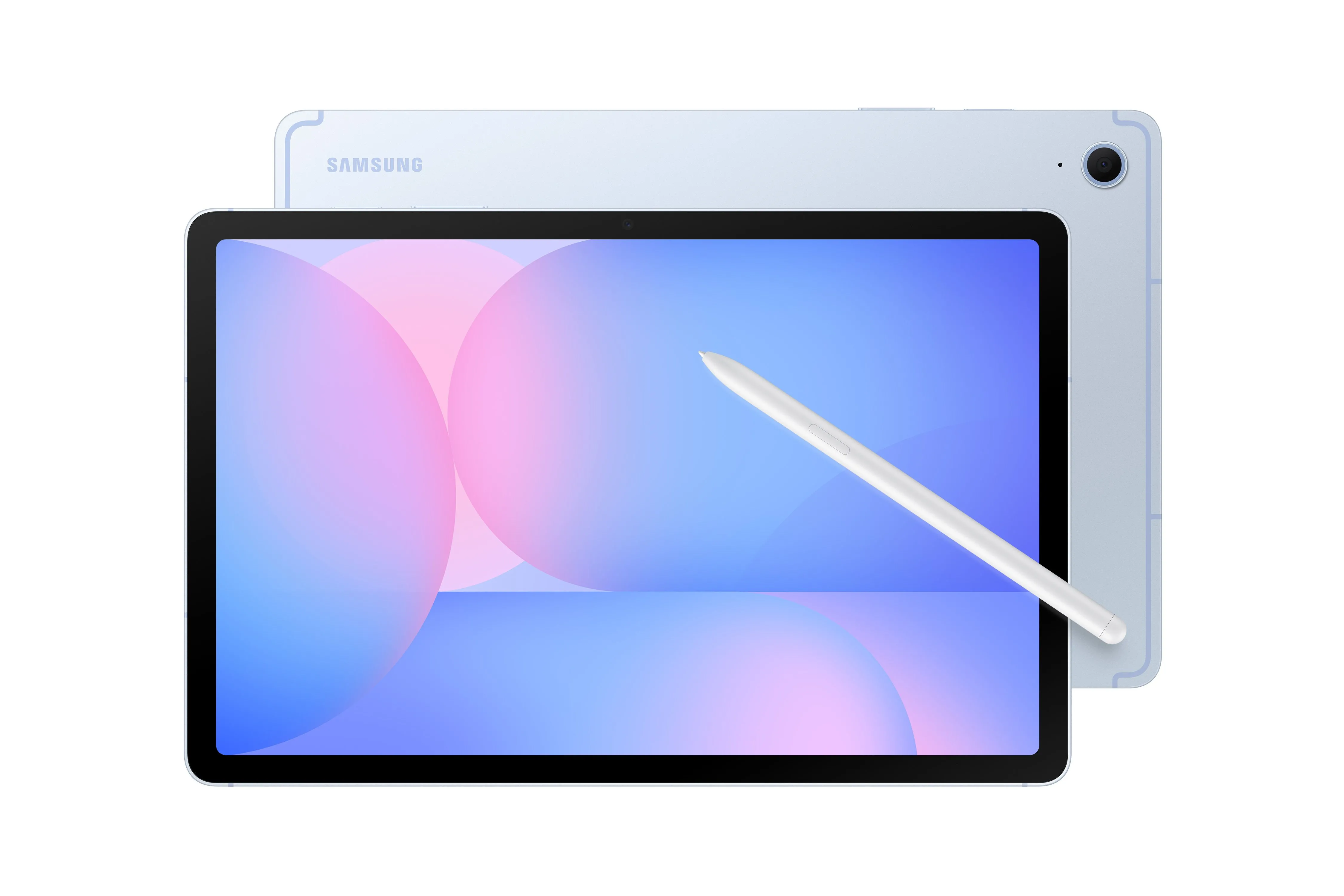 Mặt trước và mặt sau của máy tính bảng Samsung Galaxy Tab S10 FE màu xanh