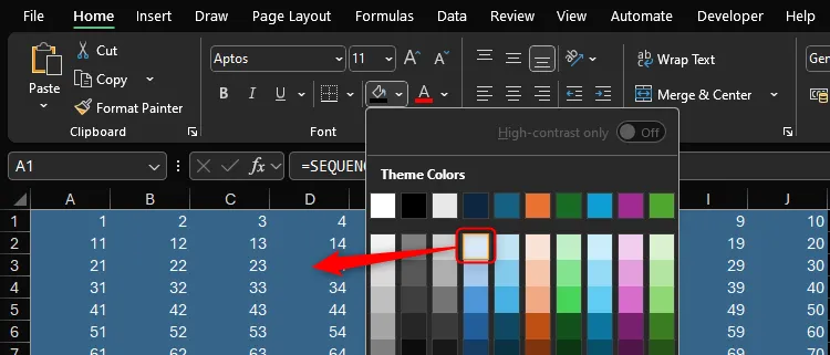 Màu ô xanh nhạt khi đổ nền trong Excel Dark Mode sẽ hiển thị màu xanh đậm