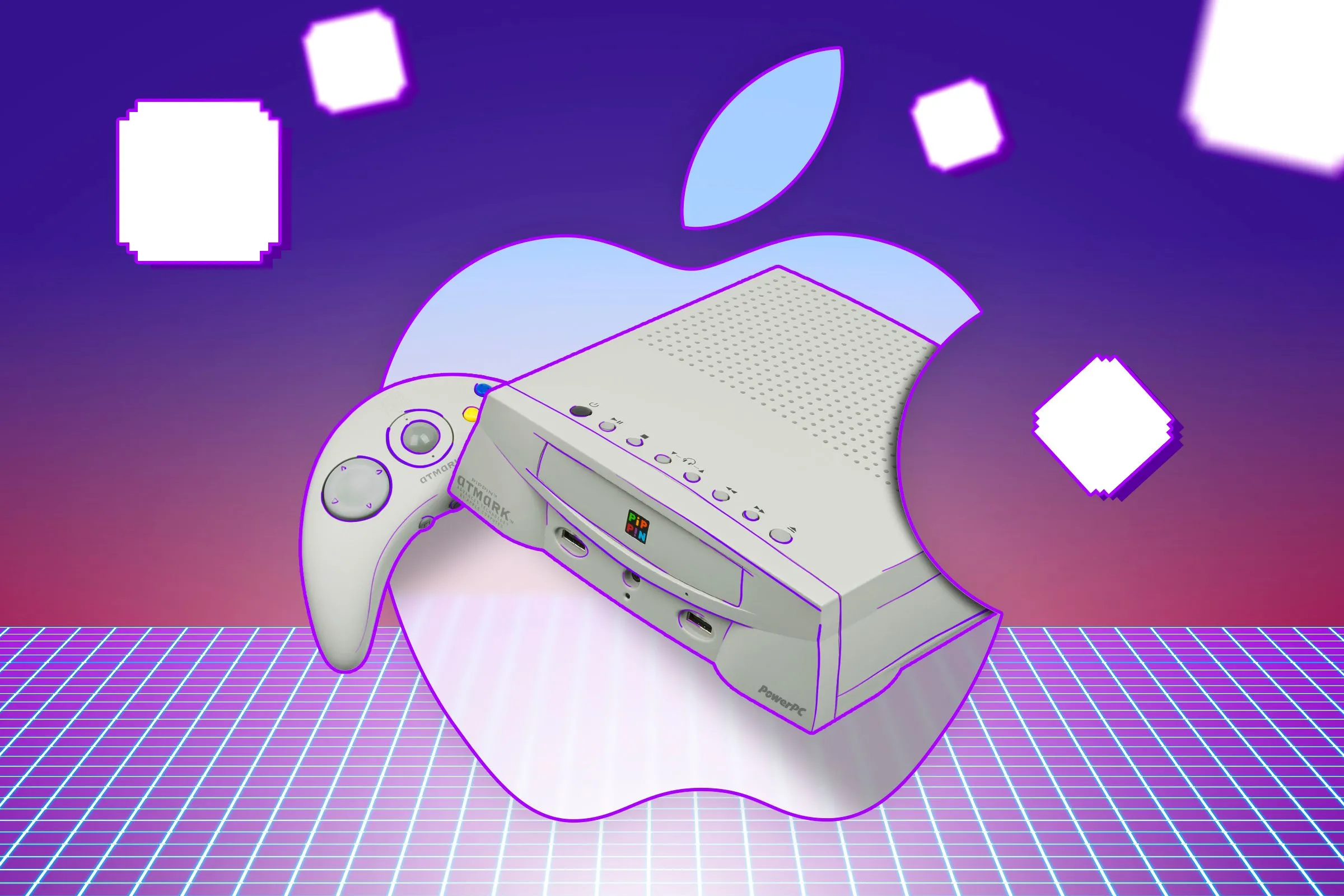 Máy chơi game console Apple Pippin được đặt trên nền retro, minh chứng cho thất bại của Apple trong thị trường game console.