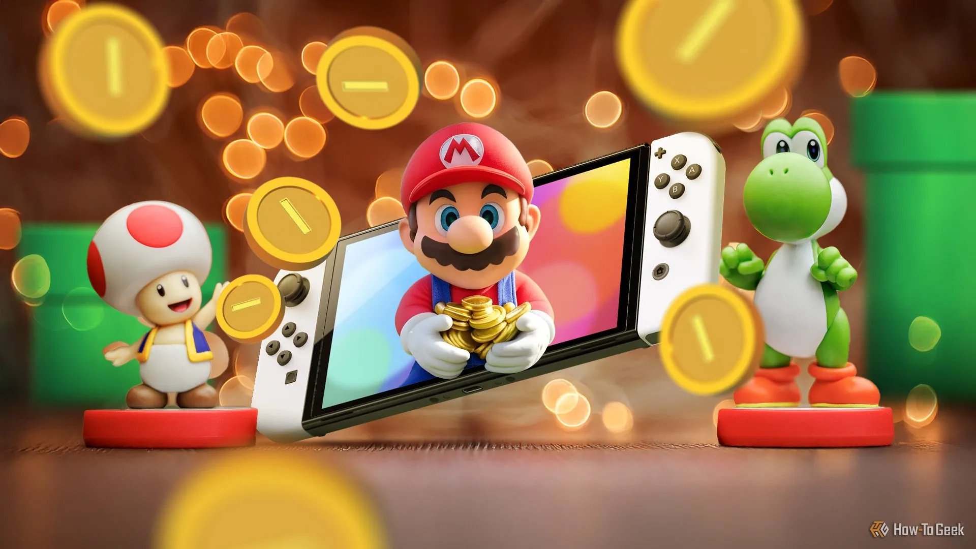 Máy chơi game Nintendo Switch hiển thị Super Mario đang giữ tiền vàng, cùng Toad và Yoshi.