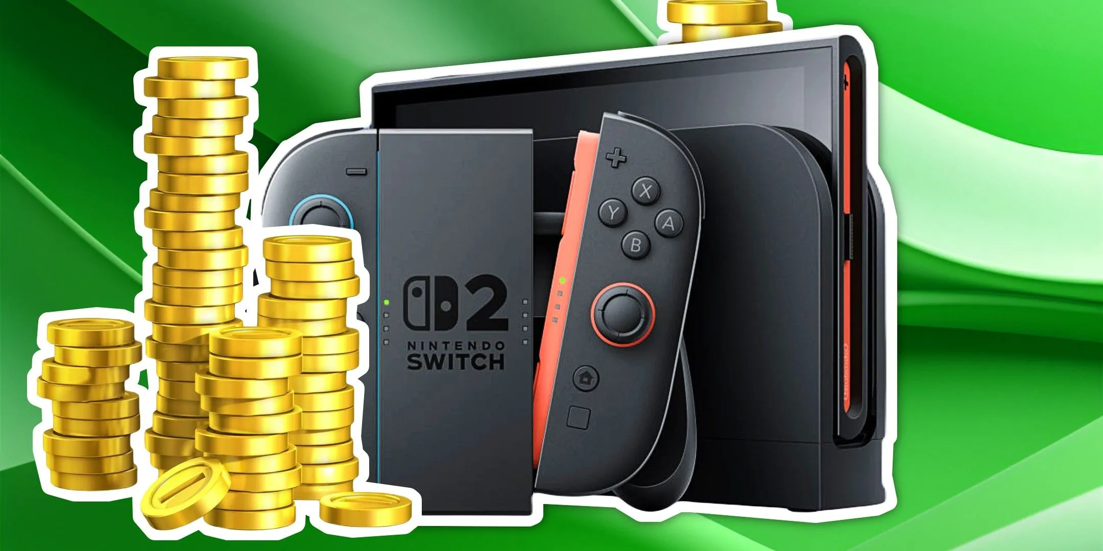 Máy chơi game Nintendo Switch với các đồng tiền vàng xung quanh.