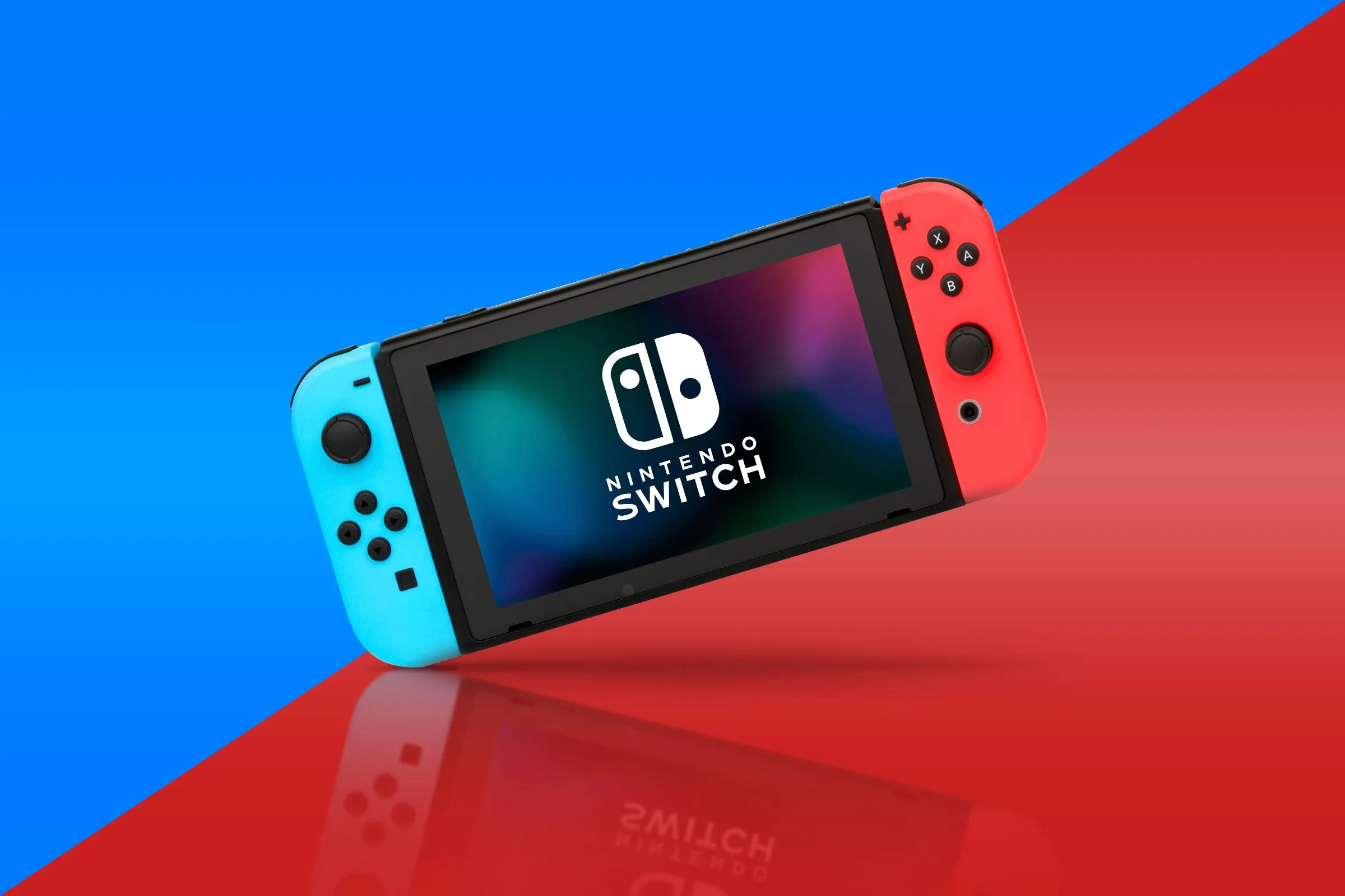 Máy chơi game Nintendo Switch với tay cầm Joy-Con màu xanh và đỏ, tượng trưng cho mô hình console hybrid đổi mới của Nintendo.