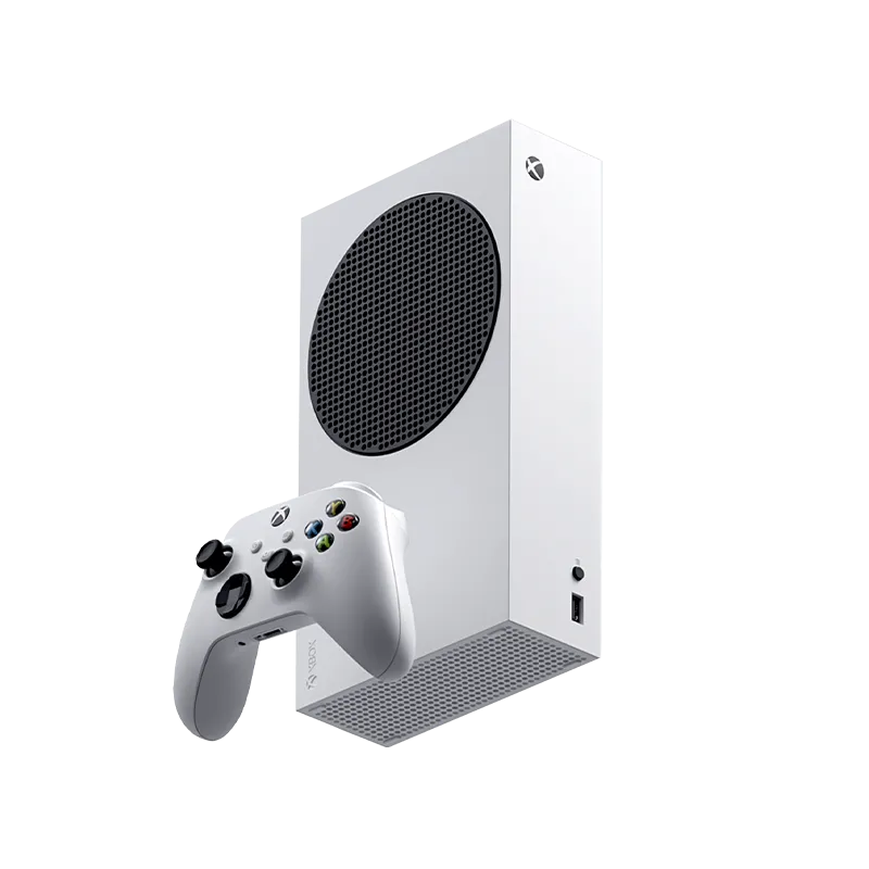 Máy chơi game Xbox Series S màu trắng kèm bộ điều khiển.