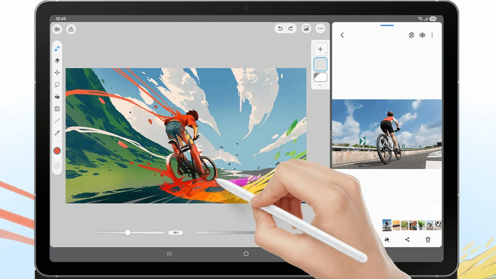 Máy tính bảng Samsung Galaxy S10 FE màu xám được sử dụng để vẽ bằng bút S Pen