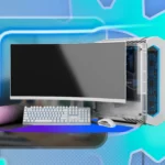 Máy tính gaming PC với màn hình, bàn phím, chuột và biểu tượng bánh răng.