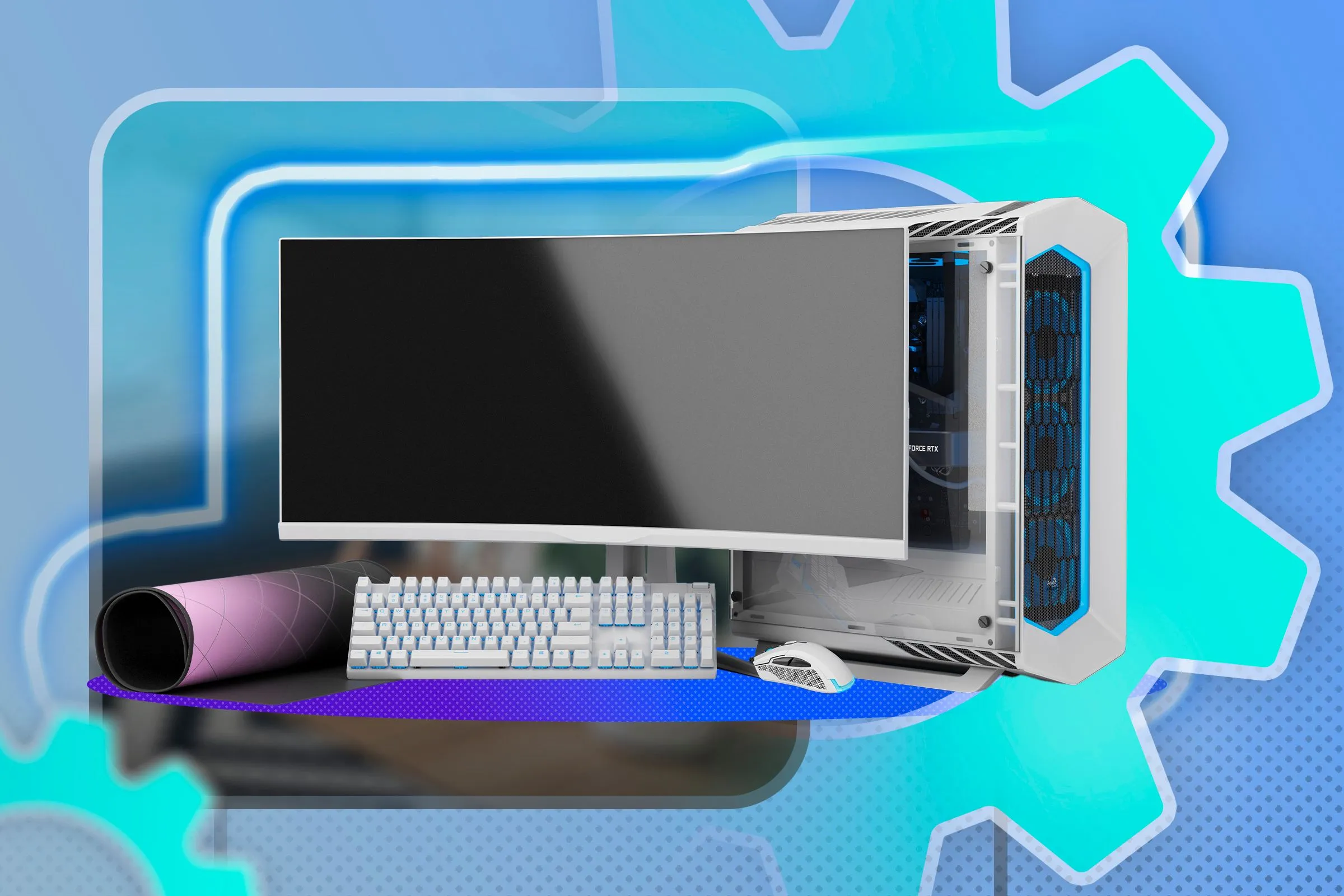 Máy tính gaming PC với màn hình, bàn phím, chuột và biểu tượng bánh răng.