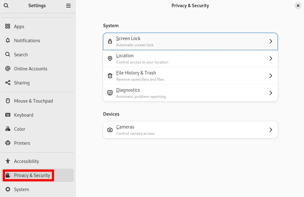 Menu Cài đặt Quyền riêng tư và Bảo mật trong GNOME trên hệ điều hành Fedora