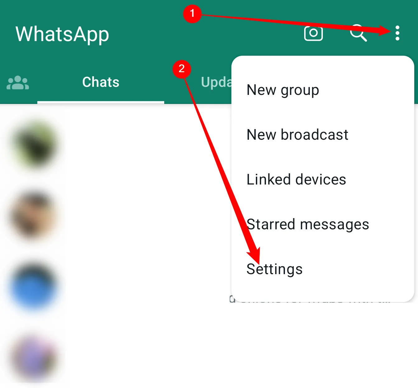 Menu cài đặt WhatsApp trên Android với biểu tượng ba chấm được chọn