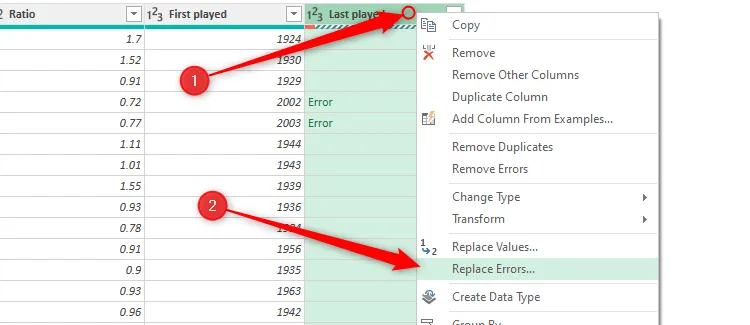 Menu chuột phải với tùy chọn &quot;Replace Errors&quot; cho cột trong Power Query Editor Excel