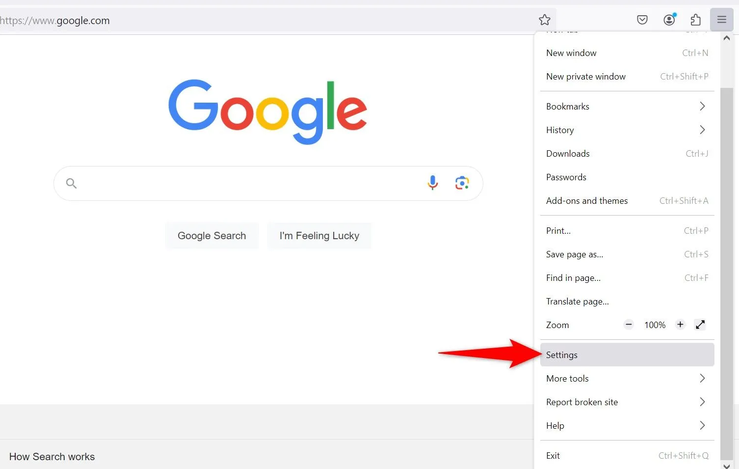 Menu hamburger của Firefox được mở, nhấn mạnh tùy chọn &quot;Settings&quot; để truy cập cài đặt trình duyệt.
