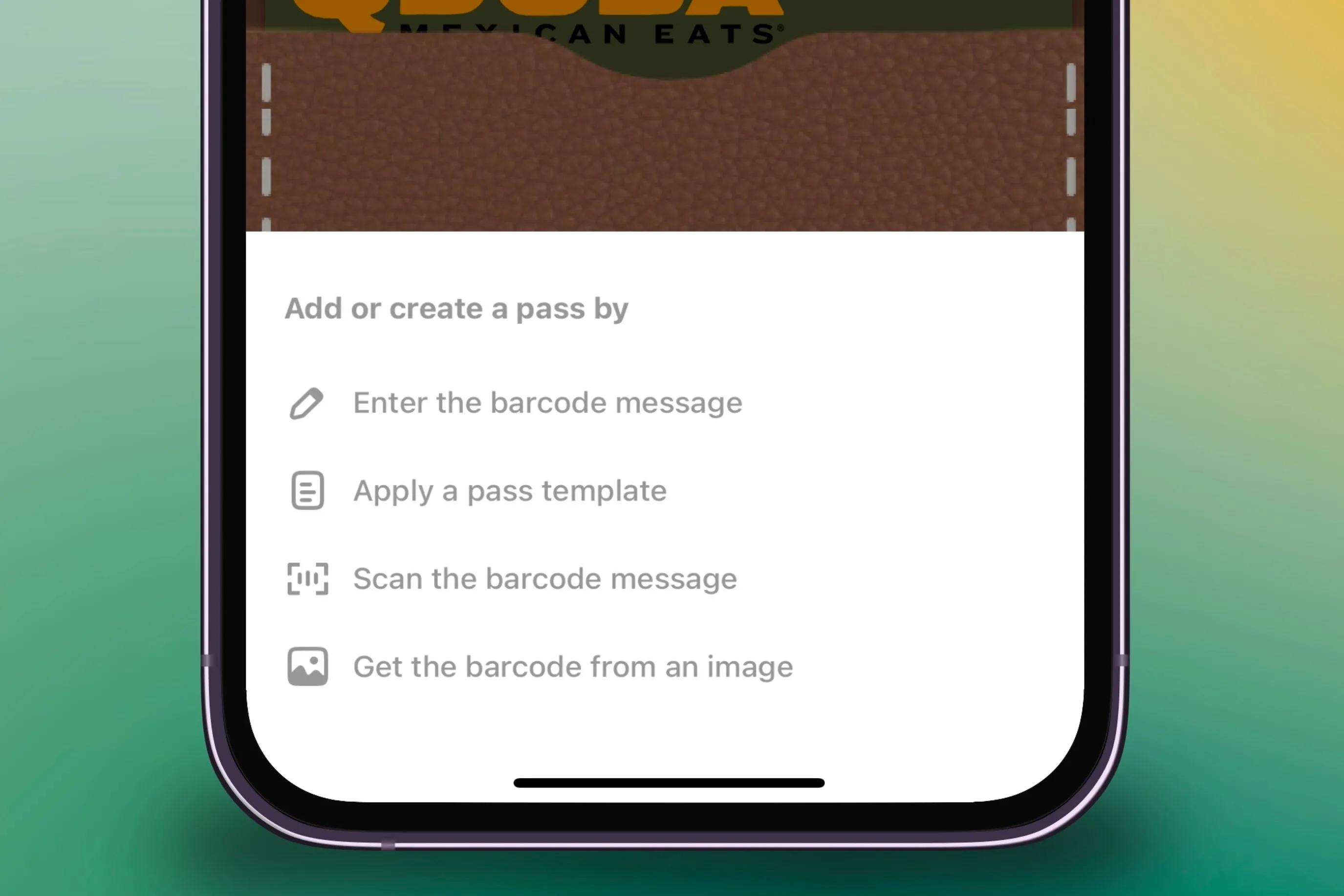 Menu hiển thị các cách nhập mã vạch vào ứng dụng Pass2U trên iPhone với nền màu sắc.