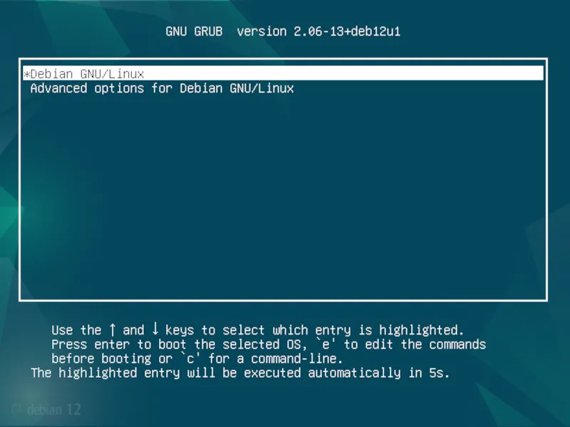 Menu khởi động GRUB của hệ điều hành Debian