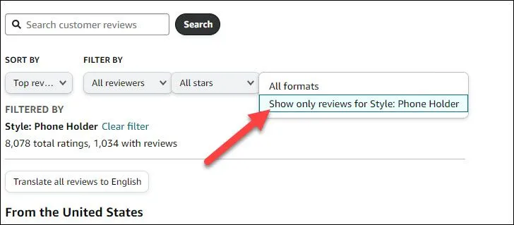 Menu thả xuống &quot;All Formats&quot; để lọc đánh giá theo sản phẩm trên Amazon