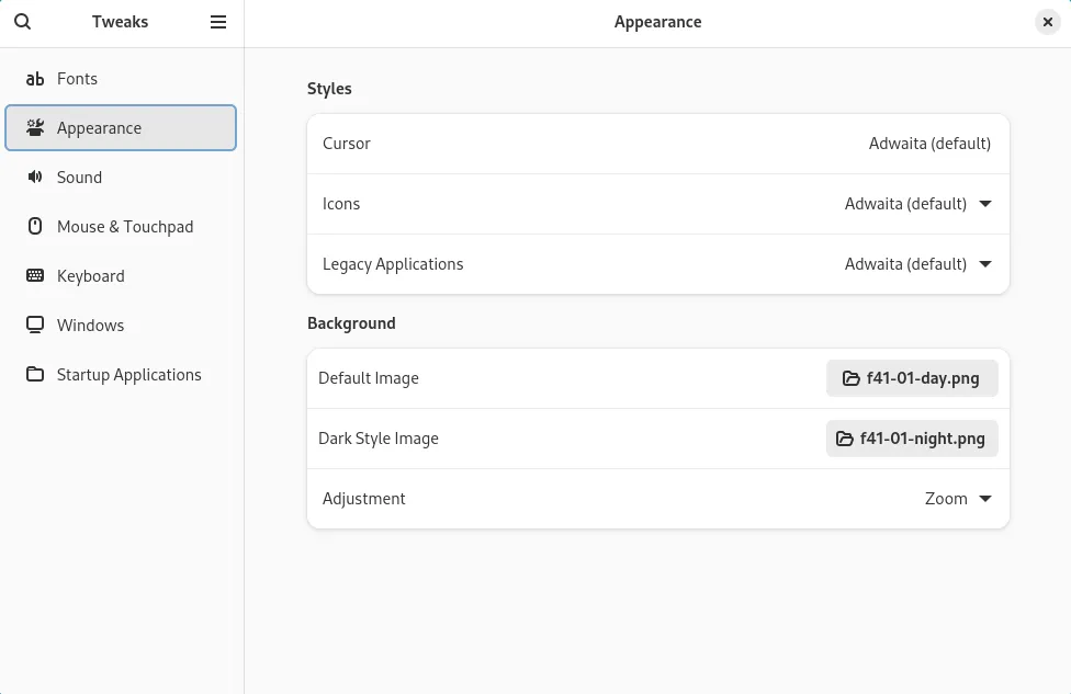 Menu Tùy chỉnh Giao diện trong GNOME Tweaks, cho phép thay đổi theme và font chữ trên Fedora