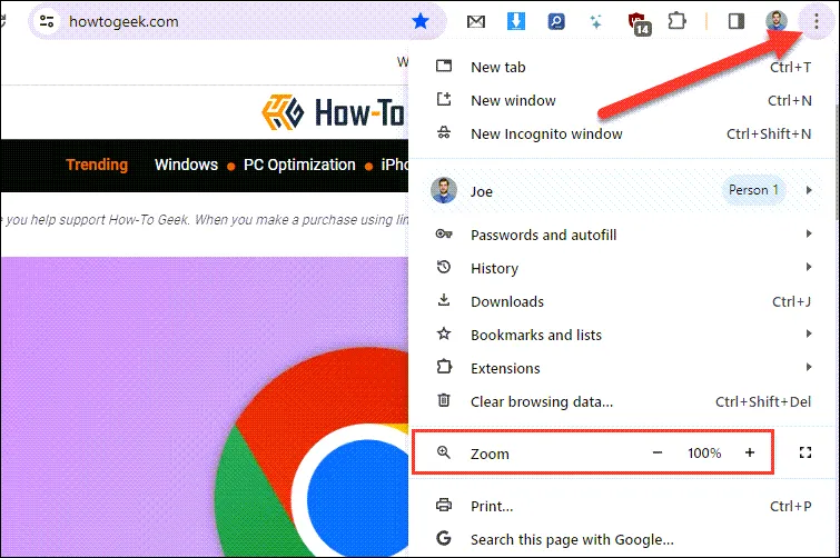 Menu tùy chọn của Chrome hiển thị nút điều chỉnh thu phóng trang web hiện tại.