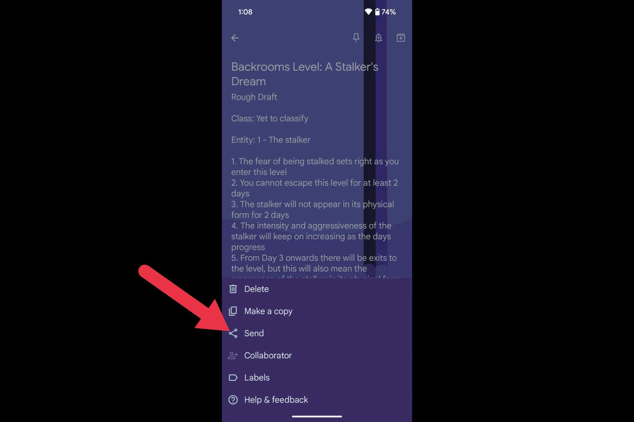 Menu tùy chọn &quot;Gửi&quot; (Send) trong Google Keep.