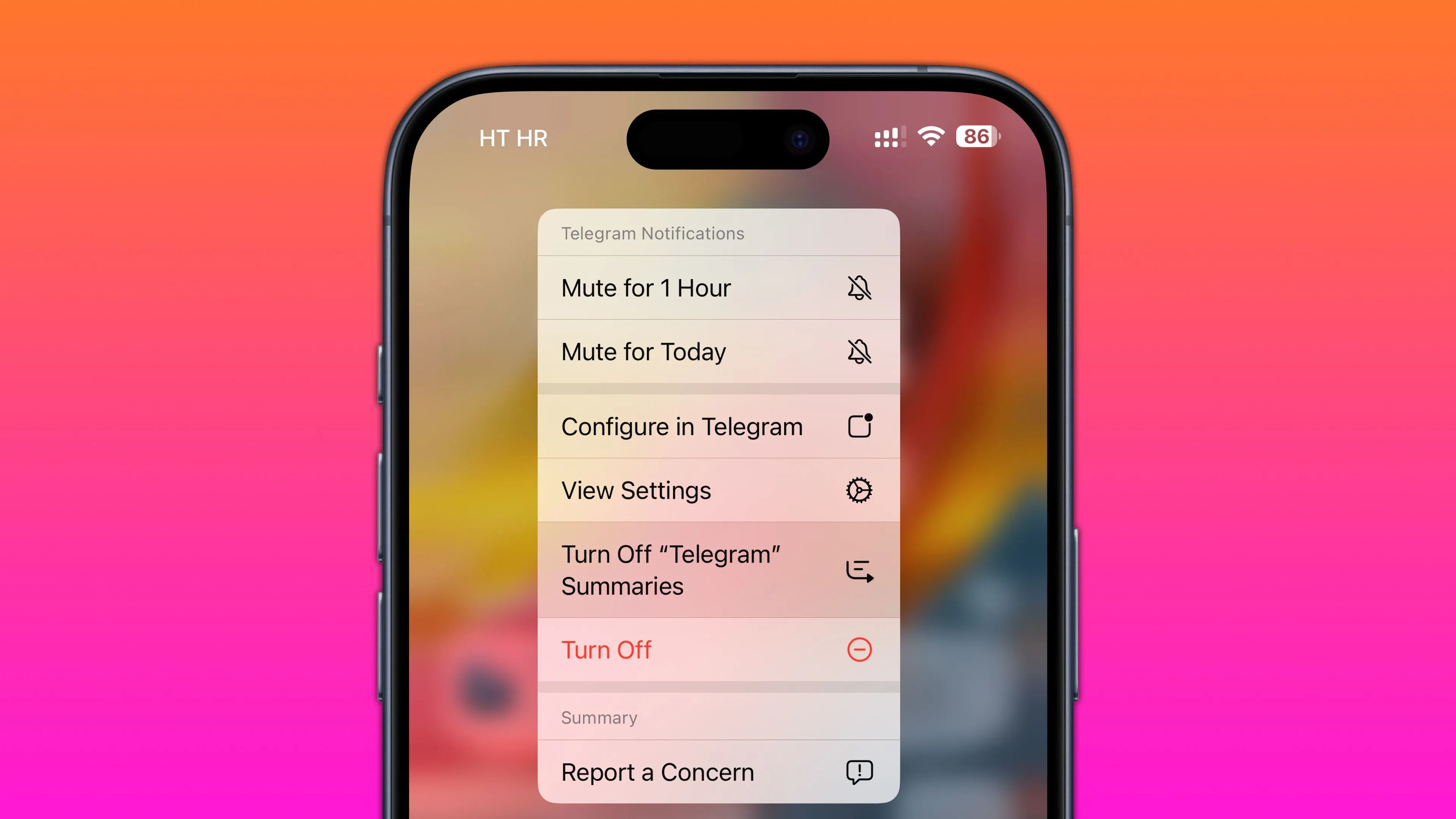 Menu tùy chọn thông báo Telegram trên màn hình khóa iPhone, cho phép tắt tính năng tóm tắt thông báo trong iOS 18.3.