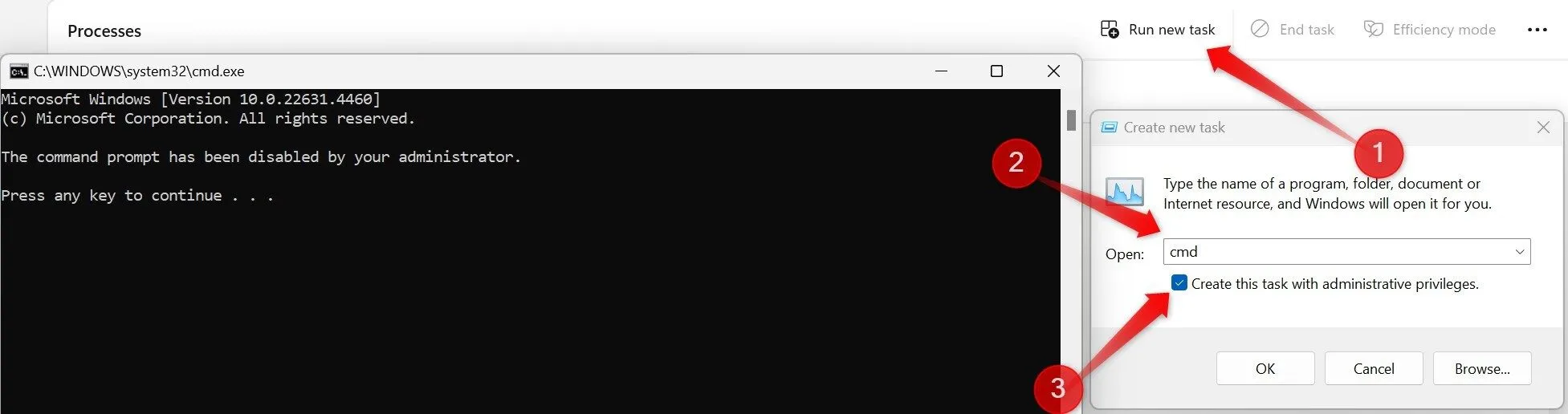 Mở Command Prompt với quyền quản trị từ Task Manager của Windows 11/10