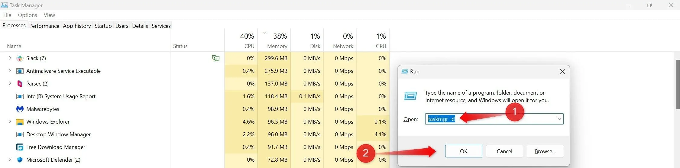Mở phiên bản cổ điển của Task Manager trên Windows 11 bằng lệnh Run