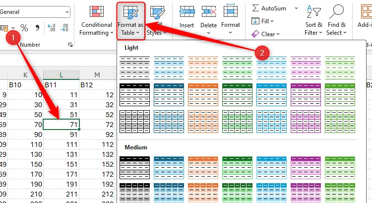 Mô tả chọn ô dữ liệu chưa định dạng trong Excel và mở menu thả xuống &quot;Format As Table&quot; để tạo bảng.