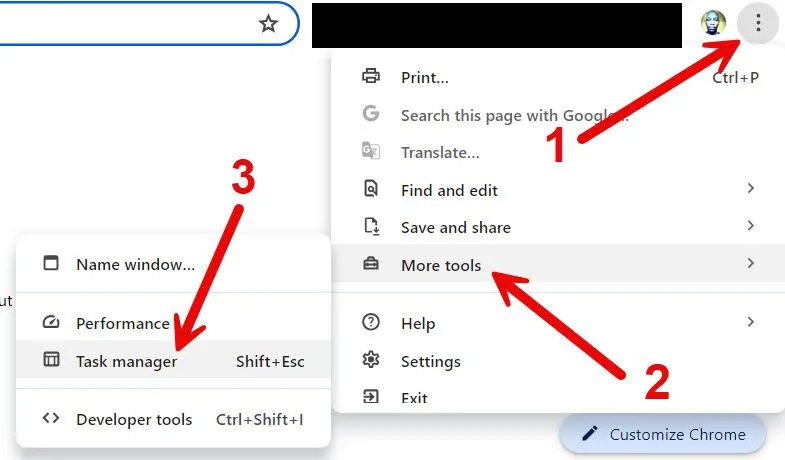 Mở Trình quản lý tác vụ của Google Chrome để kiểm tra việc sử dụng bộ nhớ.