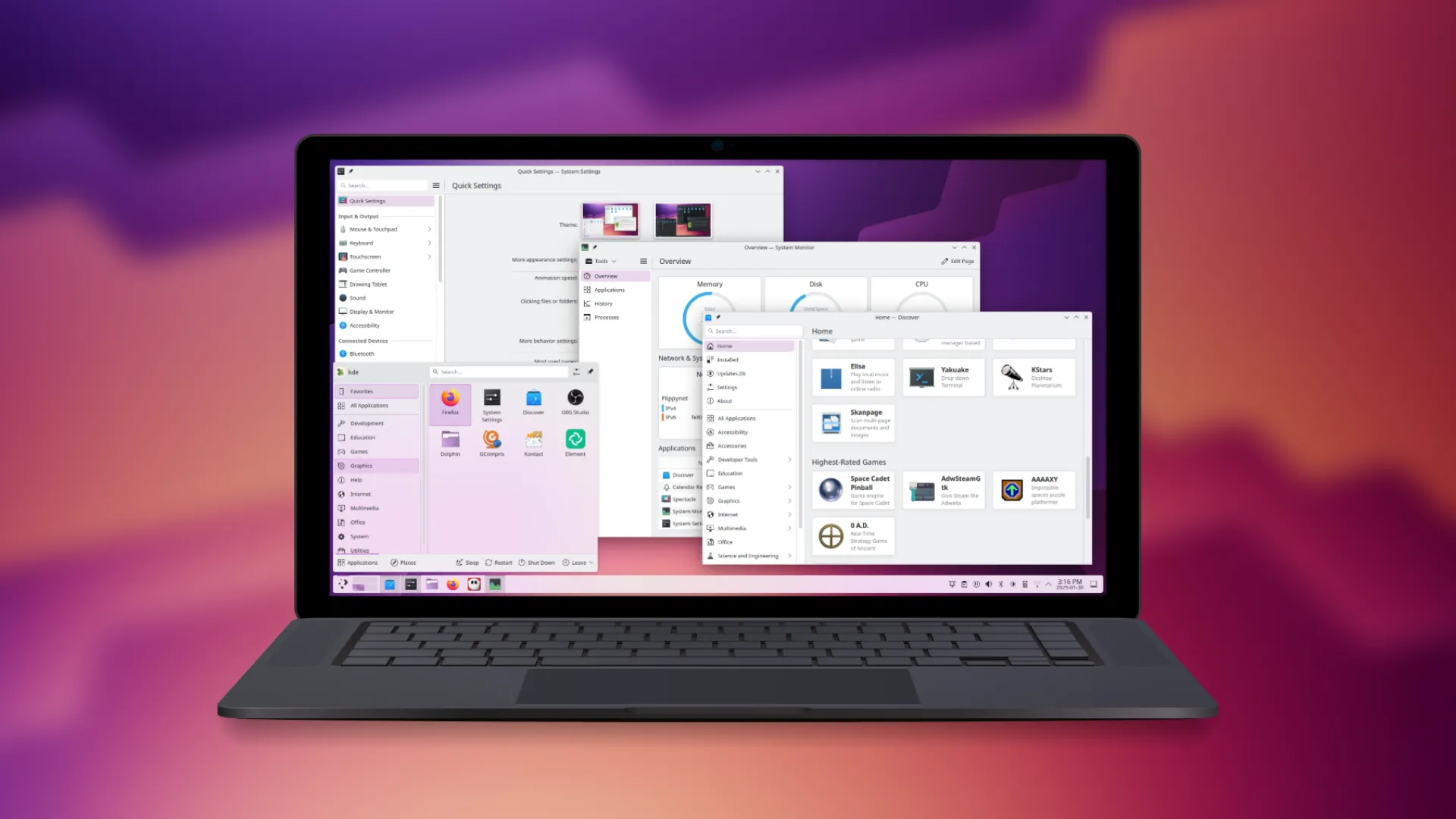 Môi trường desktop KDE Plasma trên máy tính xách tay với hình nền chuyển sắc tím và vàng, minh họa giao diện quen thuộc của SteamOS.