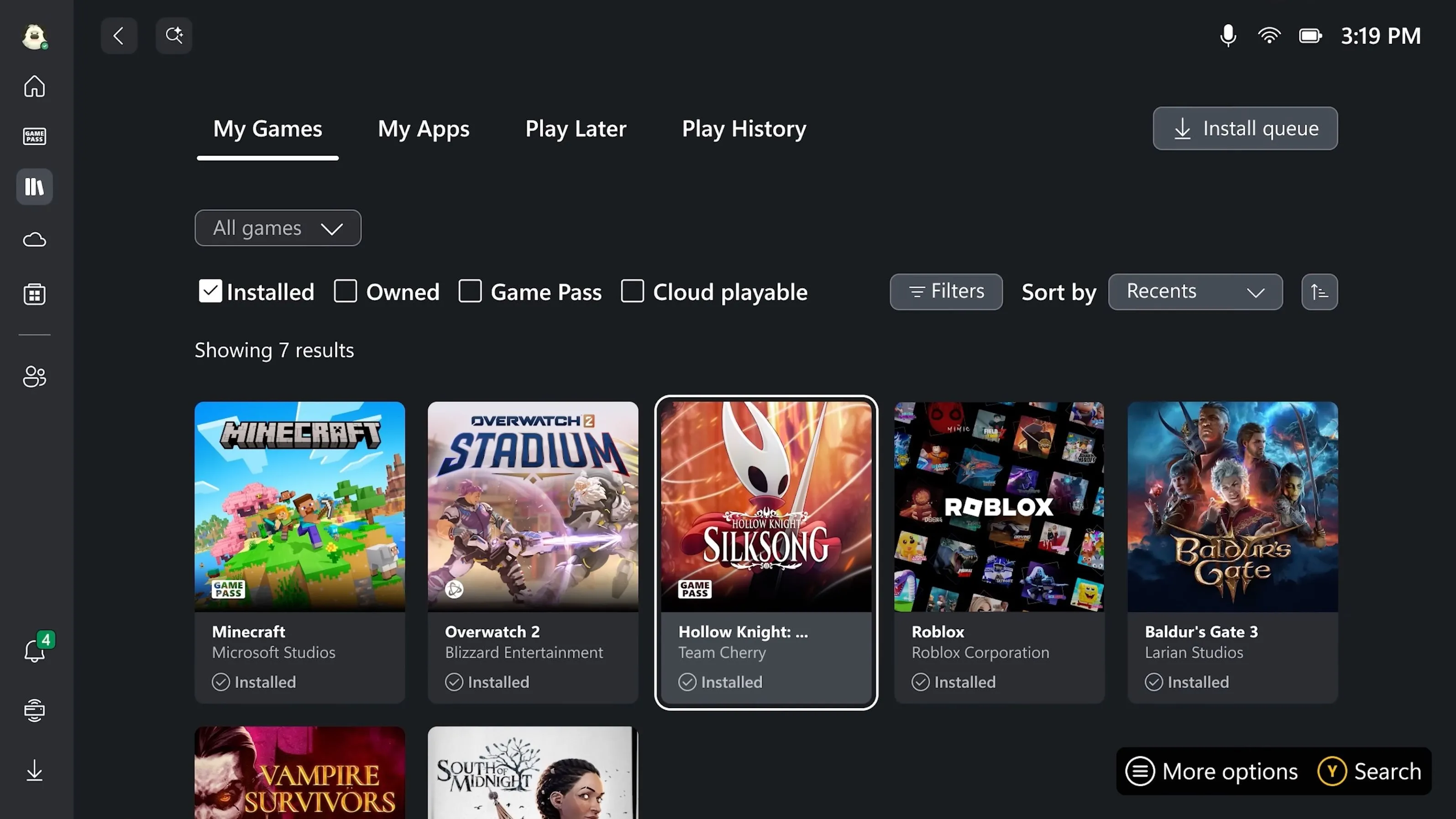 Một ảnh chụp màn hình hiển thị giao diện Xbox Dashboard được cải tiến trên Windows, tập trung vào game.
