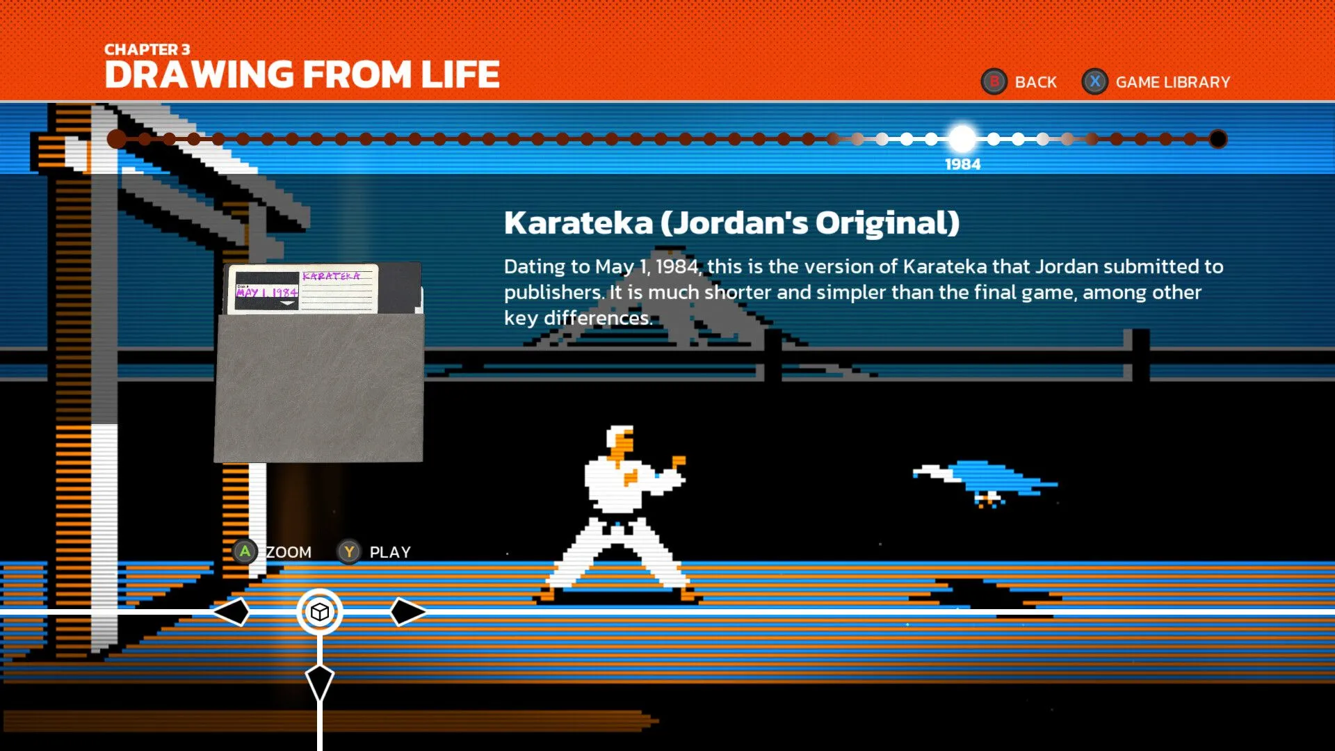 Một bản prototype của Karateka được hiển thị trên dòng thời gian tương tác trong The Making of Karateka, minh họa cách các tài liệu lịch sử được tích hợp vào trải nghiệm game.