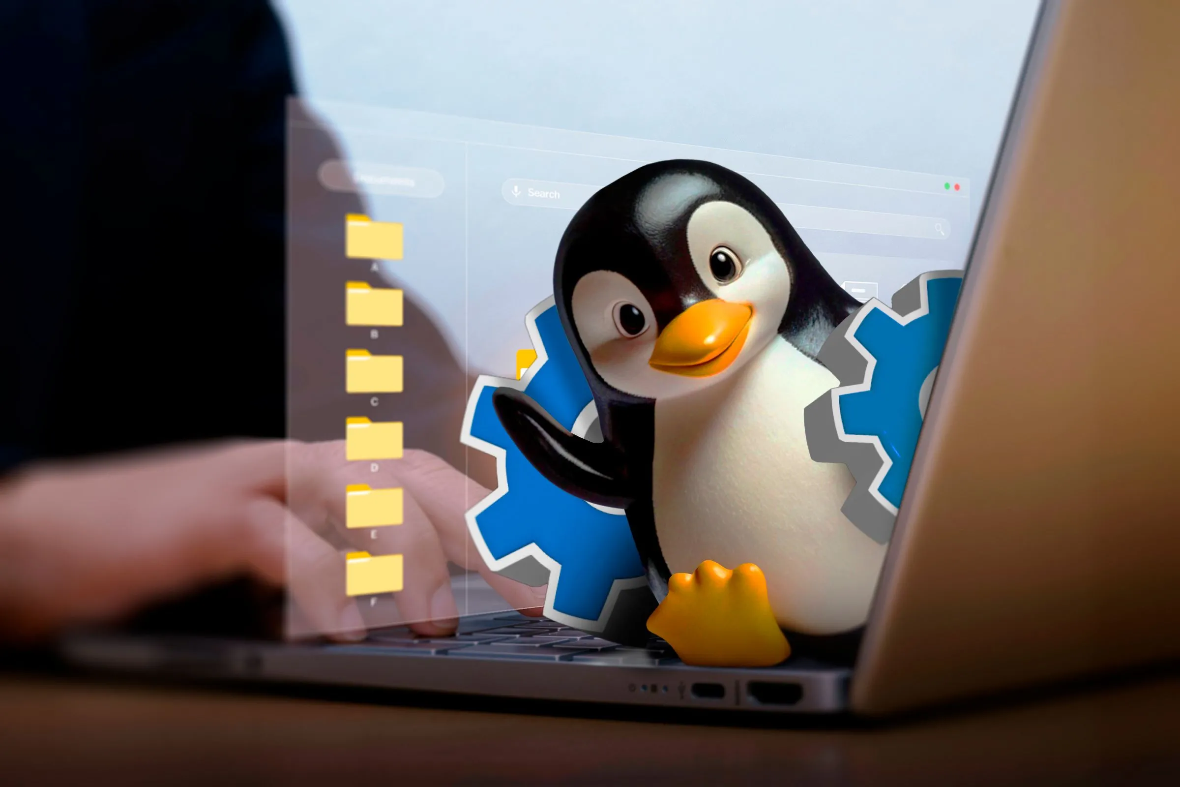 Một bàn tay đang sử dụng laptop và linh vật Linux xuất hiện từ màn hình với một bánh răng và một số tệp phía sau.