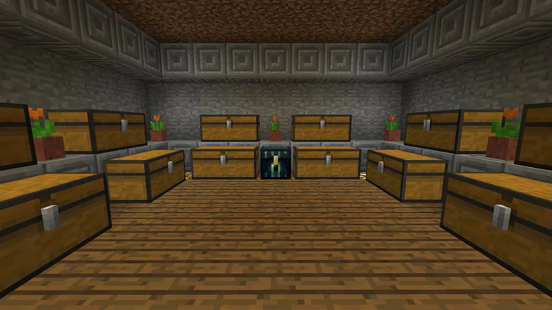 Một căn phòng chứa đầy rương trong Minecraft