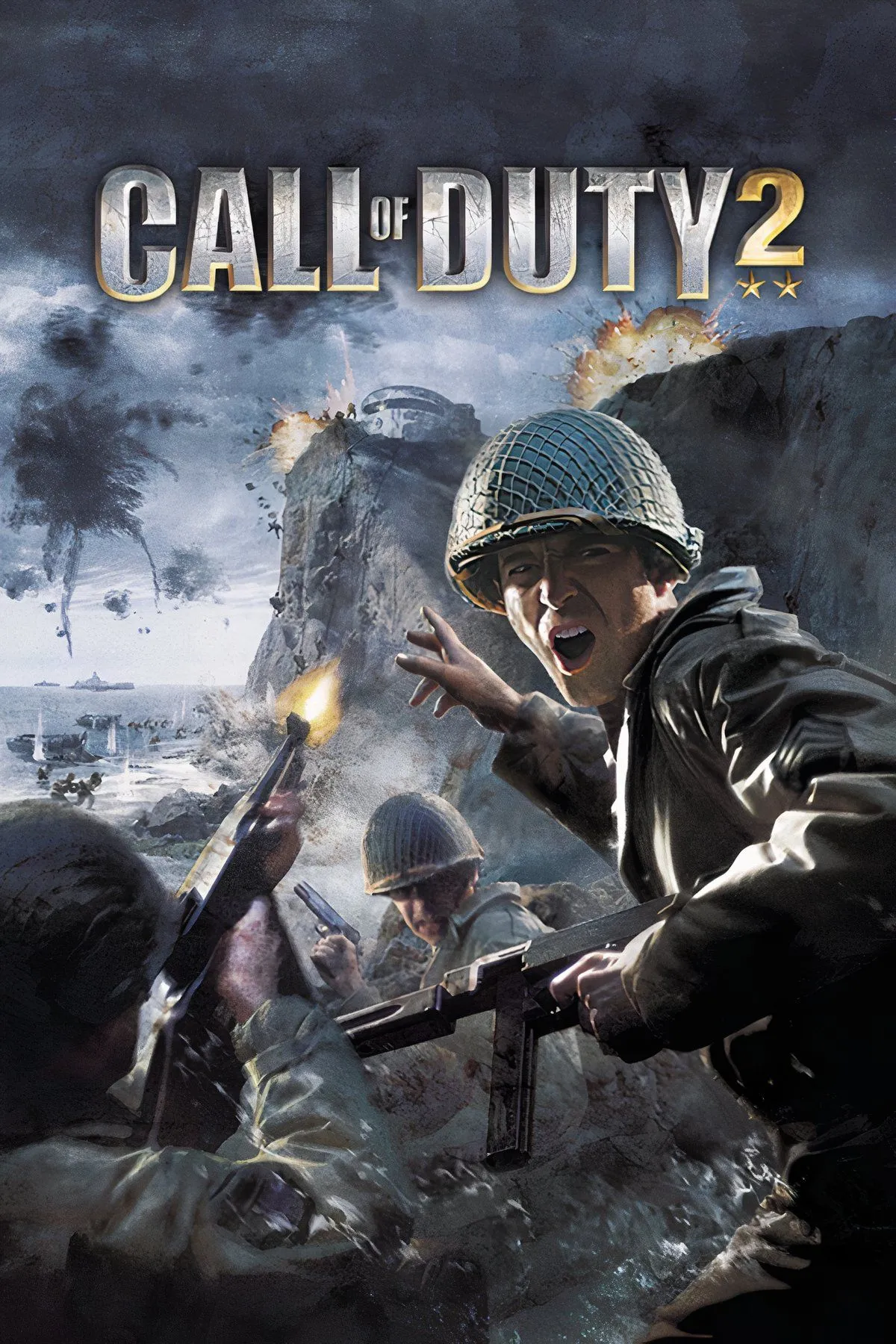 Một cảnh chiến đấu dữ dội trong Call of Duty 2, với các binh sĩ đang hành động giữa khung cảnh đổ nát của Thế chiến II.