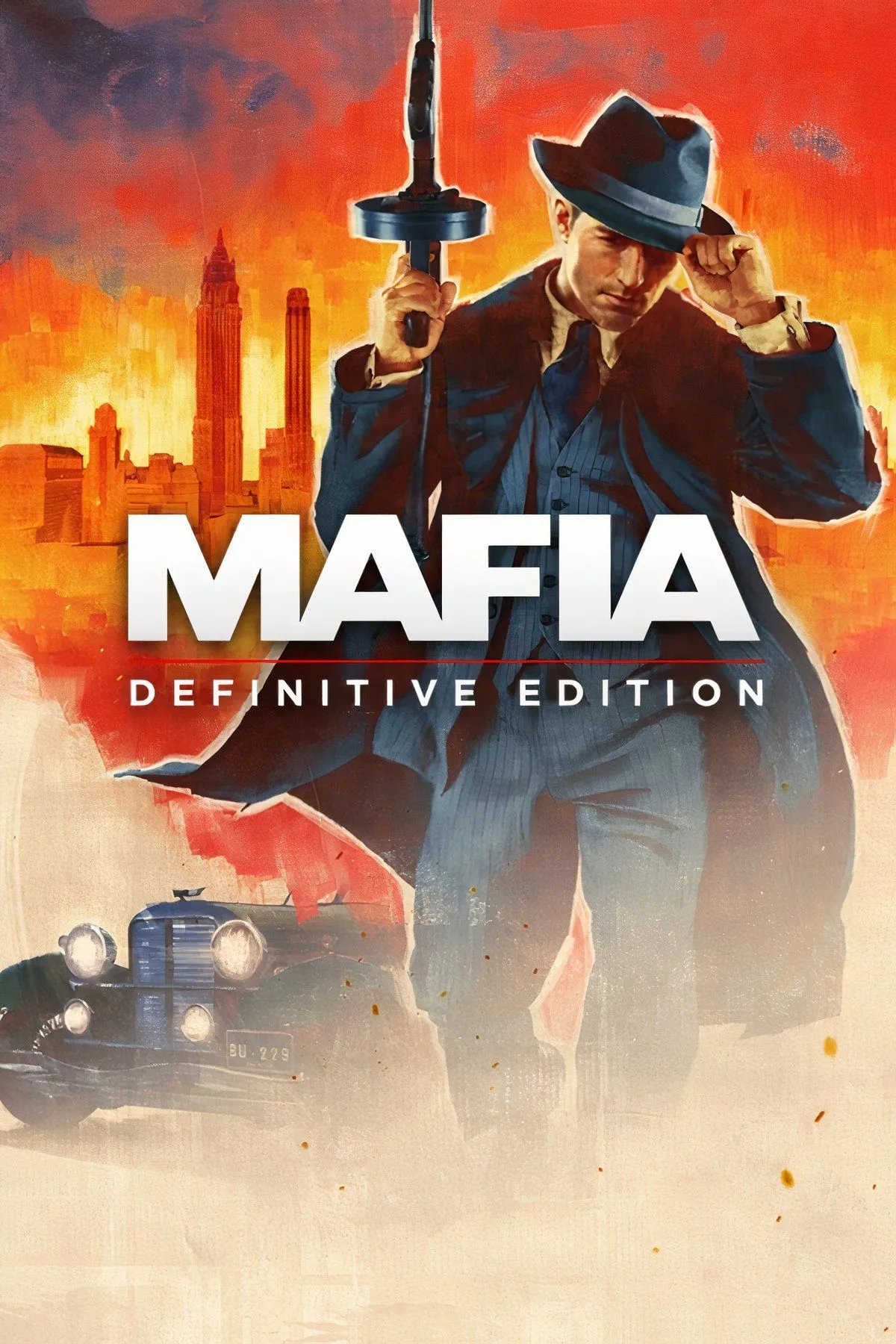 Một cảnh trong game Mafia, thể hiện không khí thập niên 1930 với nhân vật chính và chiếc xe cổ điển.