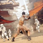 Một cảnh trong game Star Wars Battlefront II (2017) cho thấy Jedi đối đầu với Stormtroopers, minh họa đồ họa đẹp mắt và không khí chiến trường hoành tráng.