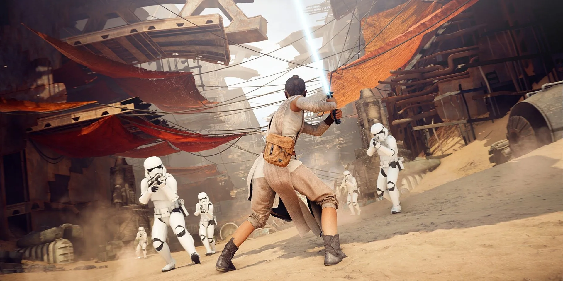 Một cảnh trong game Star Wars Battlefront II (2017) cho thấy Jedi đối đầu với Stormtroopers, minh họa đồ họa đẹp mắt và không khí chiến trường hoành tráng.