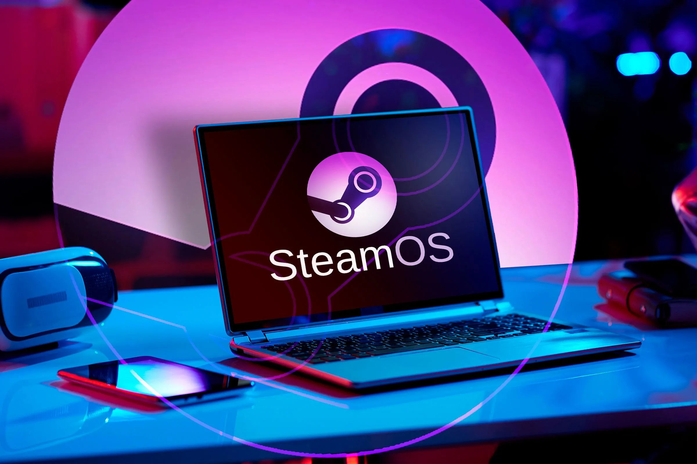 Một chiếc máy tính xách tay với logo SteamOS, biểu tượng cho hệ điều hành gaming của Valve